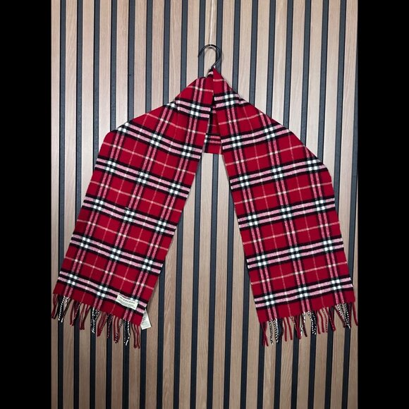Burberry Scarf 51.5" x 10" Red Merino Wool Cashmere Frilled Western Plaid Soft - Picture 1 of 7
